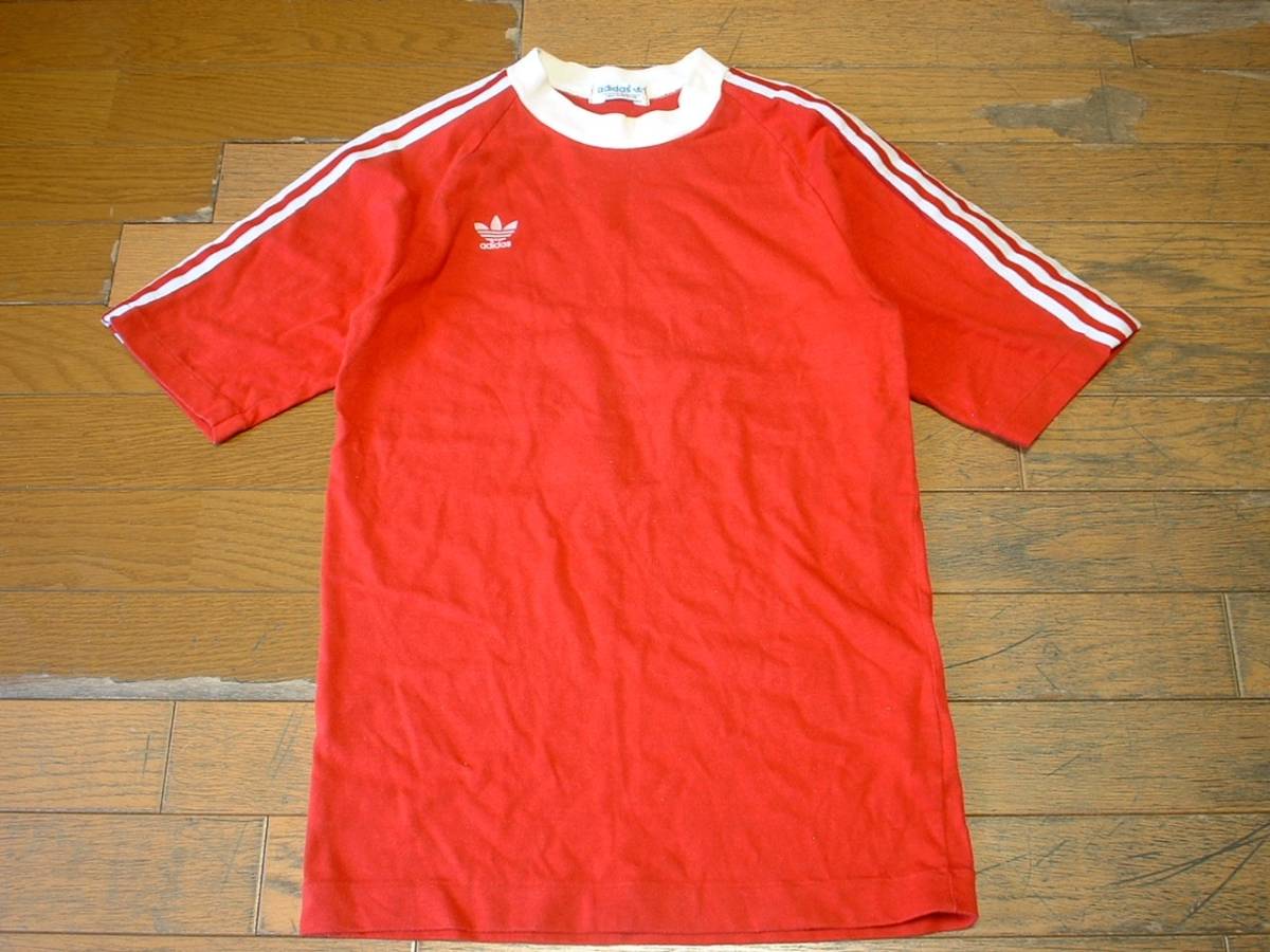 お宝80sビンテージadidasトレフォイル3ラインTシャツLレッド赤x お宝80sビンテージadidasトレフォイル3ラインTシャツLレッド赤x