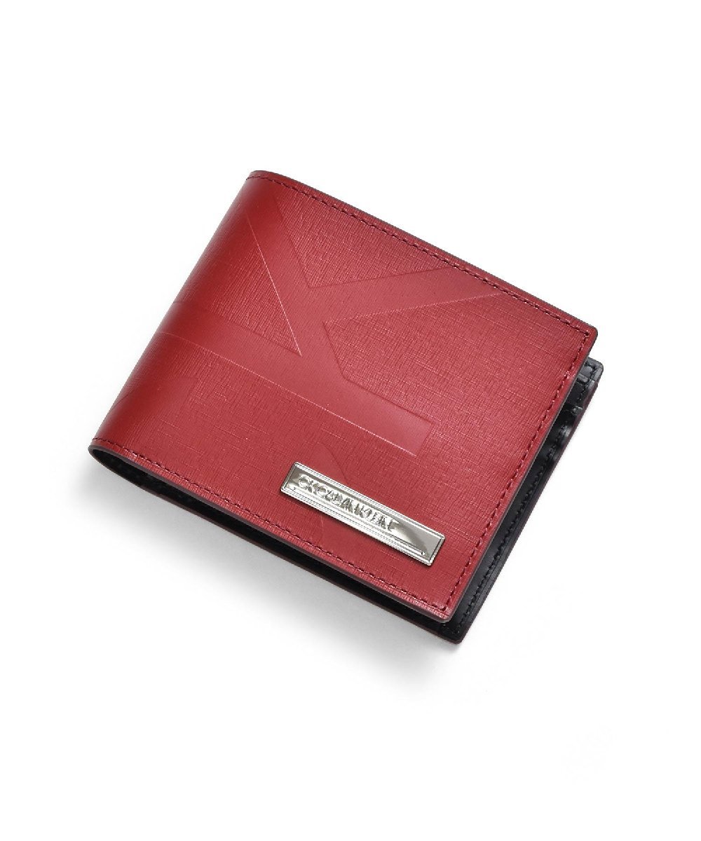 QQ362 CK カルバンクライン 定価17600円 赤 ロゴプレート 牛革 二つ折り財布 箱付き新品 827682 レッド CALVIN KLEIN