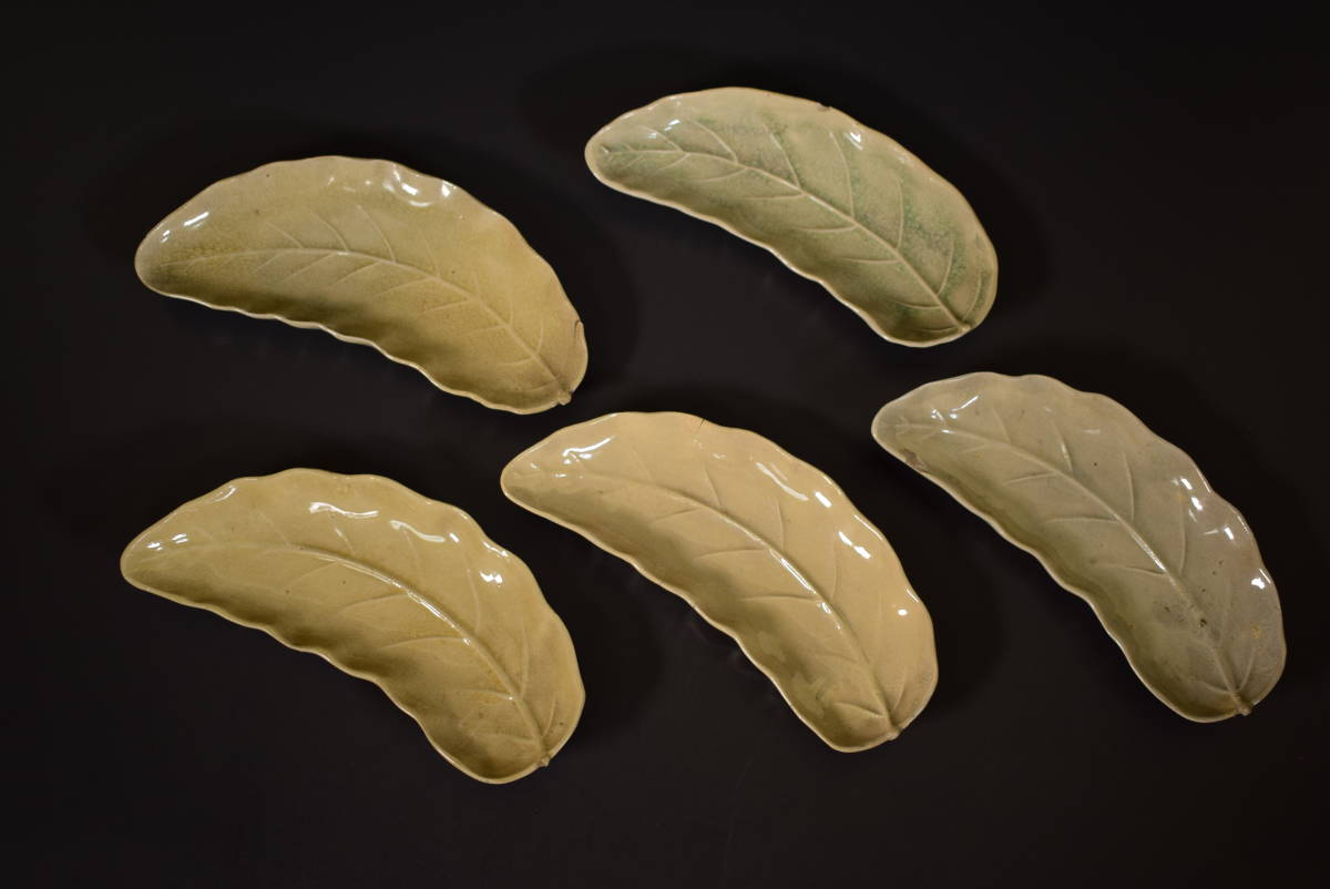 【和】(6613)　時代古作　江戸　御深井葉形皿　五枚　深川萩　古萩　古瀬戸