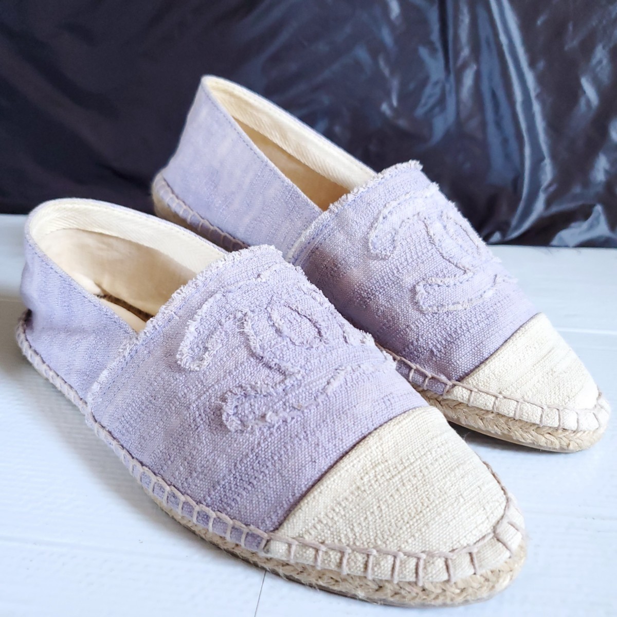程度良好 CHANEL シャネル ココマーク リネン エスパドリーユ サックス