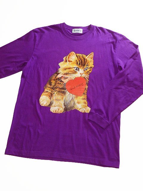☆美品2022☆&ellecyアンドエルシー/ロイスクレヨン/ネコ柄プリント長袖Tシャツ:M/紫系yt002