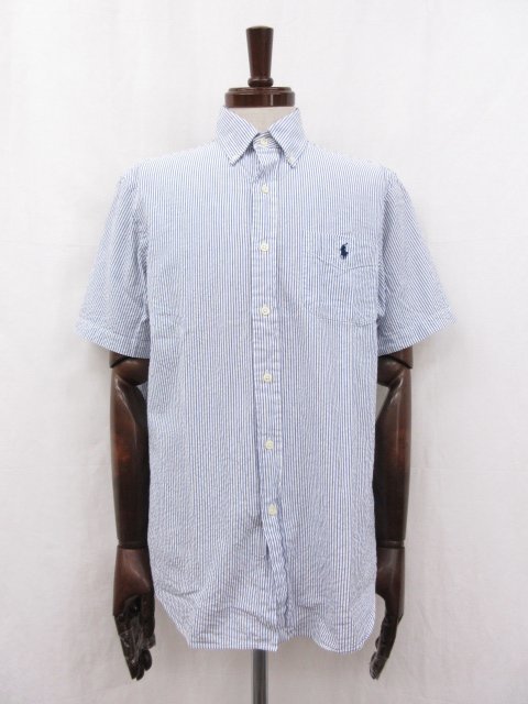 極美品 【ラルフローレン RALPH LAUREN】 シアサッカー生地 ポニー刺繍 ストライプ柄 ボタンダウン半袖シャツ (メンズ) sizeM 青●29MK0965