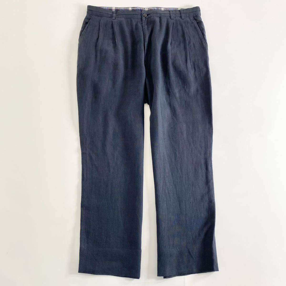 Ch4《美品》大きいサイズ Papas パパス タック入りリネンパンツ サイズLL ダークネイビー メンズ ボトムス 春夏 日本製 ウエストコード