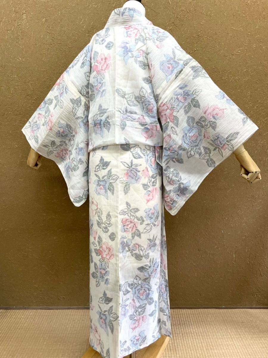 アンティーク着物 夏着物 絹縮 （アンティーク着物◇バラ 薔薇 小千谷 