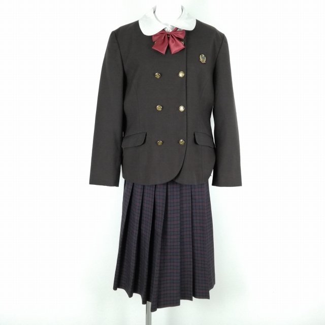 1円 ジャケット チェックスカート リボン 上下4点セット 指定 L 大きいサイズ 冬物 女子 学生服 兵庫香寺高校 茶 制服 中古 ランクC EY2494