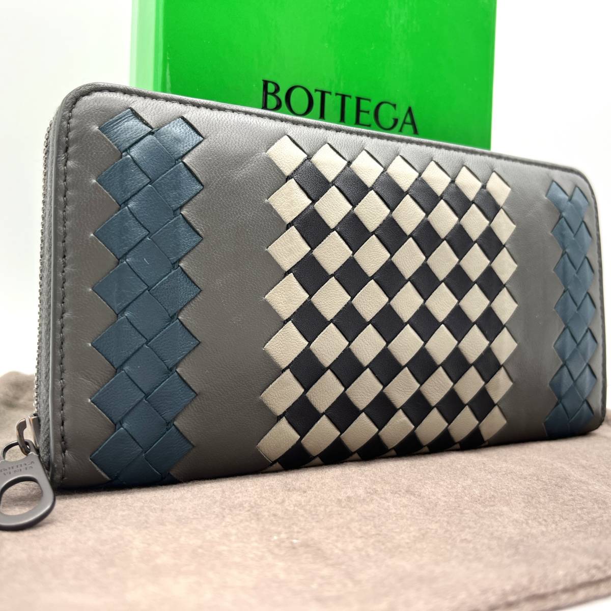 1円 【美品希少マルチカラー】 BOTTEGA VENETA ボッテガヴェネタ ジッピーウォレット イントレチャート メンズ ラウンドジップ 長財布