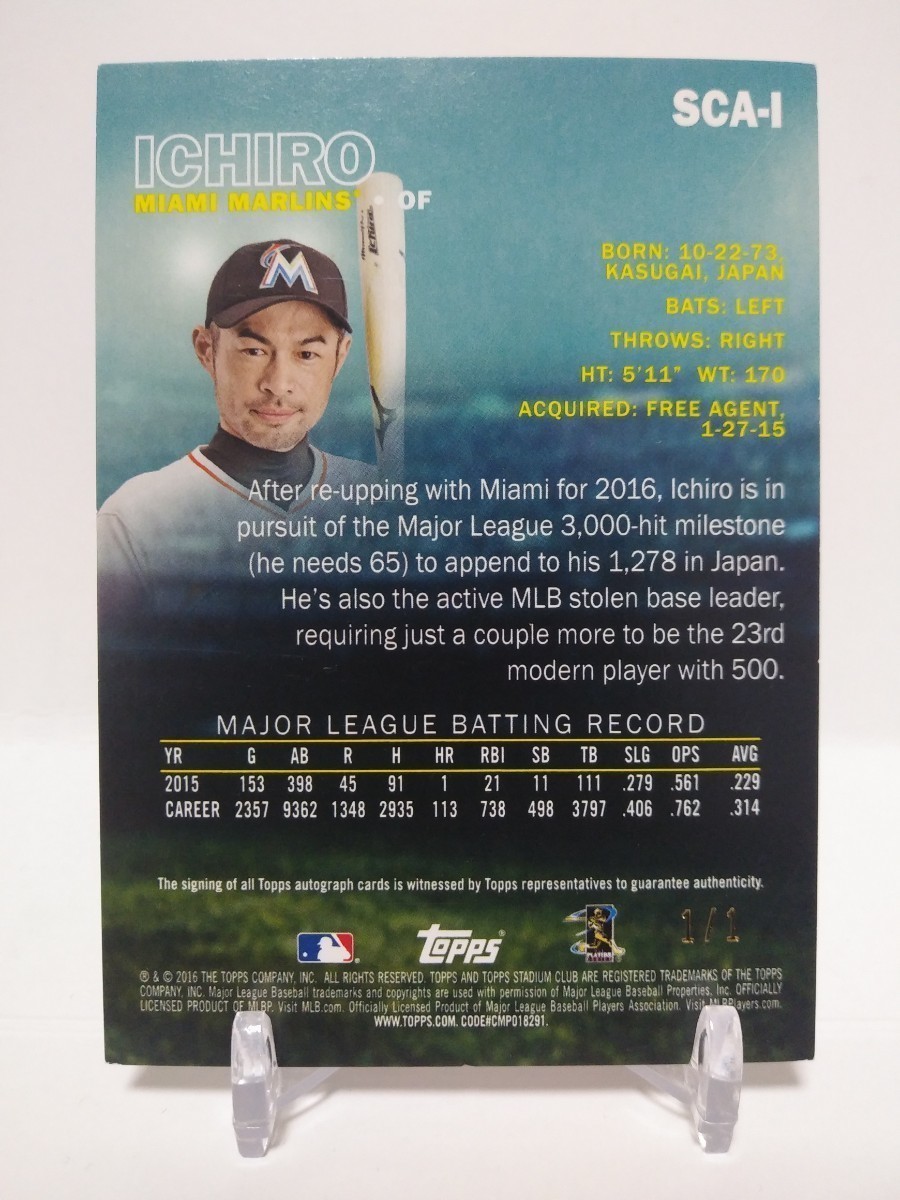 1枚限定:1/1】イチロー/2016/Topps/STADIUM CLUB/直書き・直筆サイン