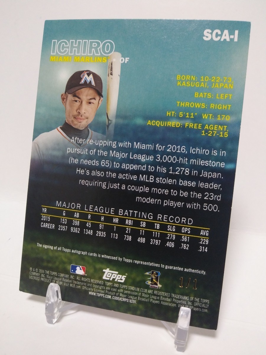 1枚限定:1/1】イチロー/2016/Topps/STADIUM CLUB/直書き・直筆サイン