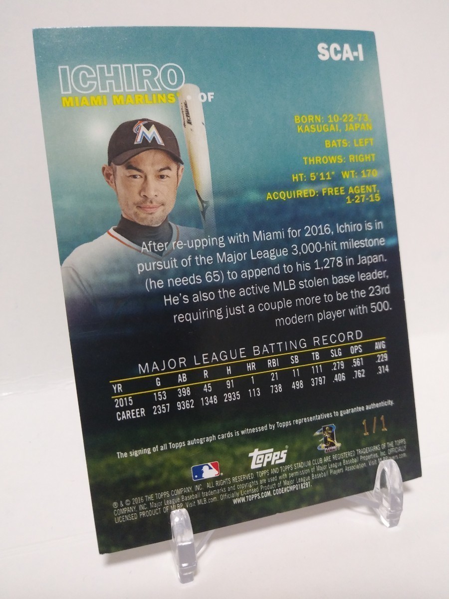 1枚限定:1/1】イチロー/2016/Topps/STADIUM CLUB/直書き・直筆サイン