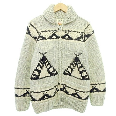 TUAK トゥアック カウチン ニット ジャケット ジップ セーター ハンドニット 厚手 ネイティブ 40 M～L ライトグレー OKZ A0809 メンズ
