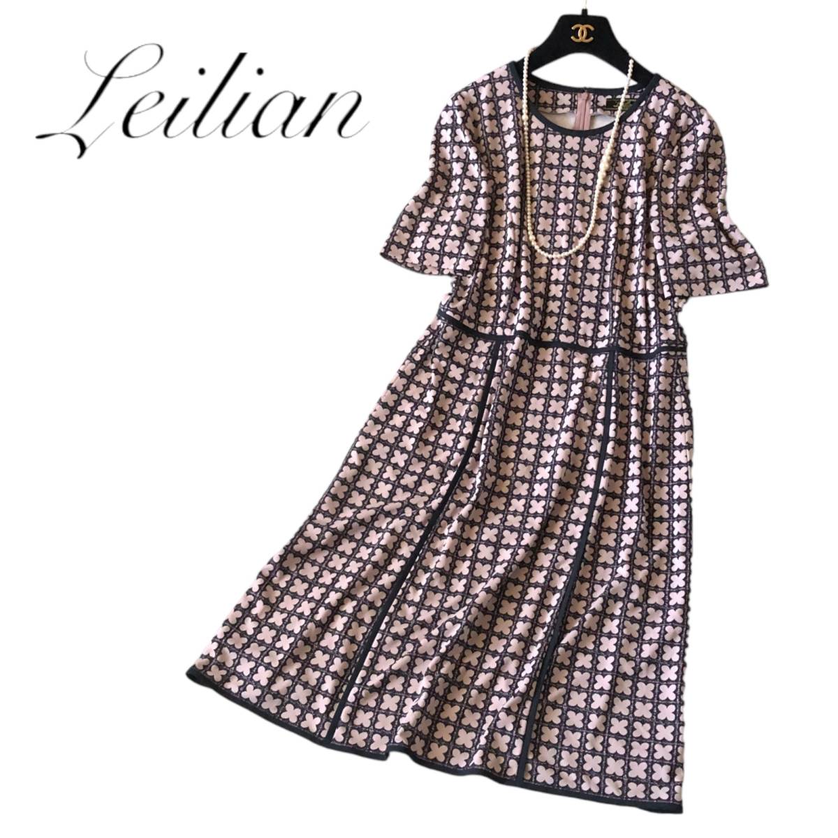 D01◆極美品 レリアン Leilian 大きいサイズ 11 L前後 サラリ 綺麗なシルエット フレア ワンピース 伸縮 ストレッチ 花 フラワー モチーフ