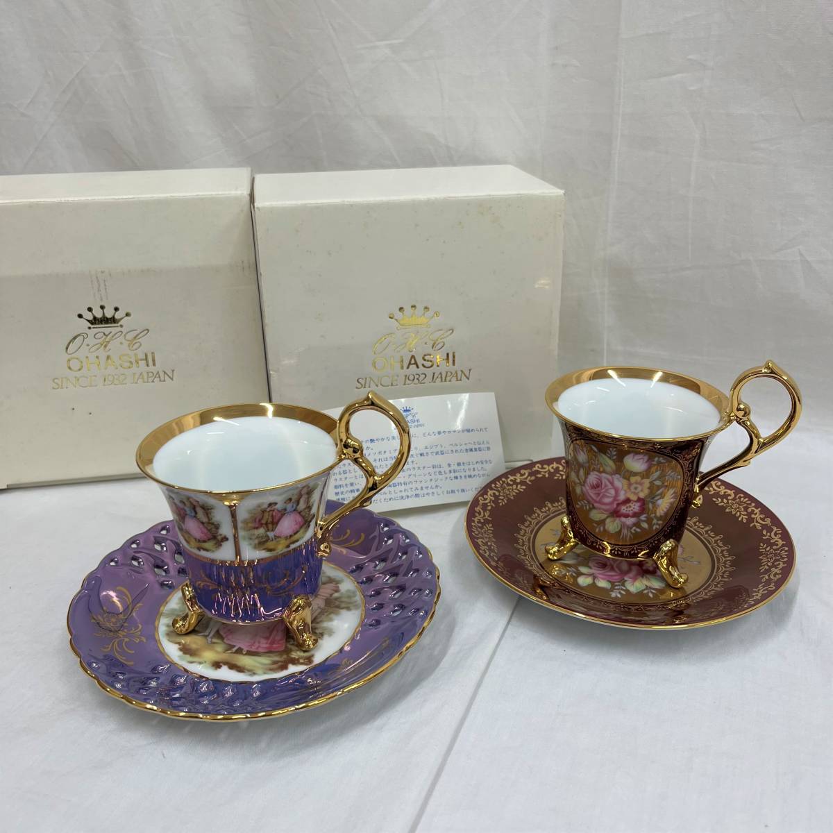 大橋陶器 カップ & ソーサー セット 2客 猫脚 デミタスカップ コーヒーカップ 金彩 ゴールド 花 ばら 薔薇 貴婦人 紳士 OHASHI