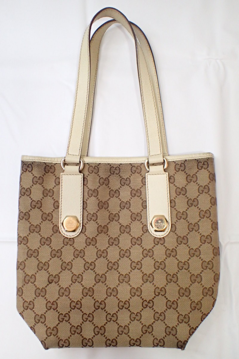 k3932 / GUCCI グッチ ハンドバッグ トートバッグ GG柄 ベージュ ホワイト 白 レザー キャンバス 現状品