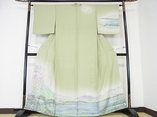 平和屋2■訪問着　富士山　湖畔　風景花文　手描き　暈し染め　金彩　逸品　ps9076
