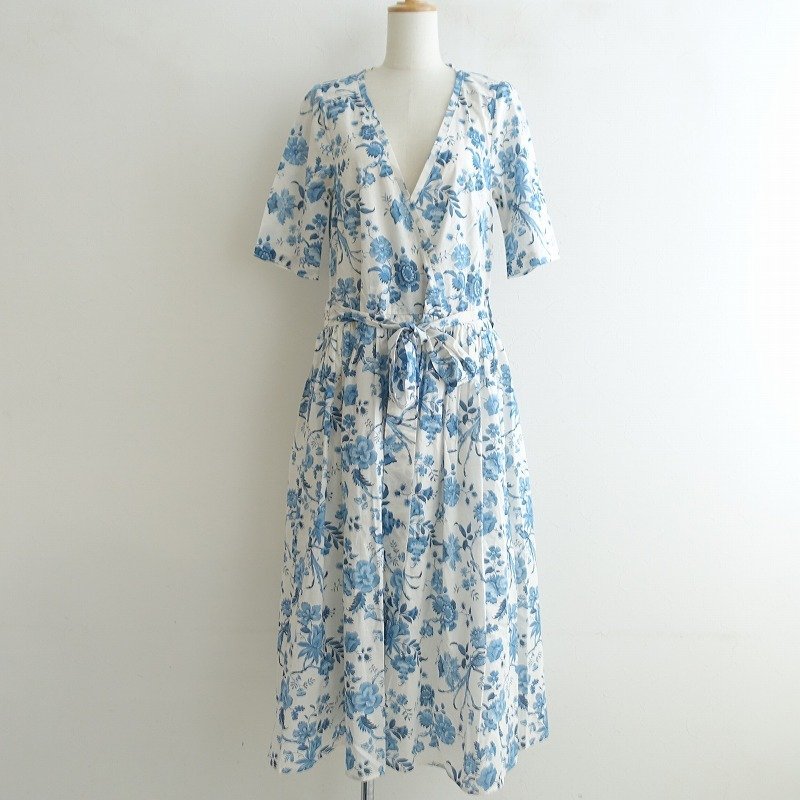 【美品/定価4.0万】カツシゲ KATSUSHIGE *英国輸入LIBERTYプリントJANNAHブルーカシュクールワンピース*綿(2-2308-312)【03H32】