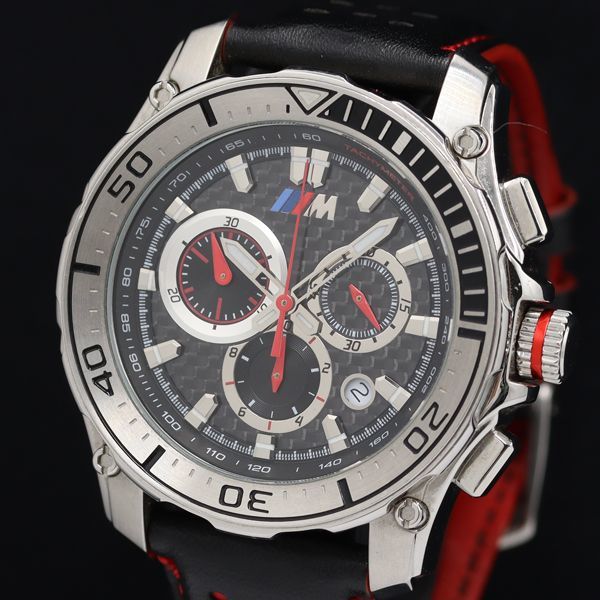 1円 稼働 美品 ビーエムダブリュー デイト 黒文字盤 クロノ メンズ腕時計0506000