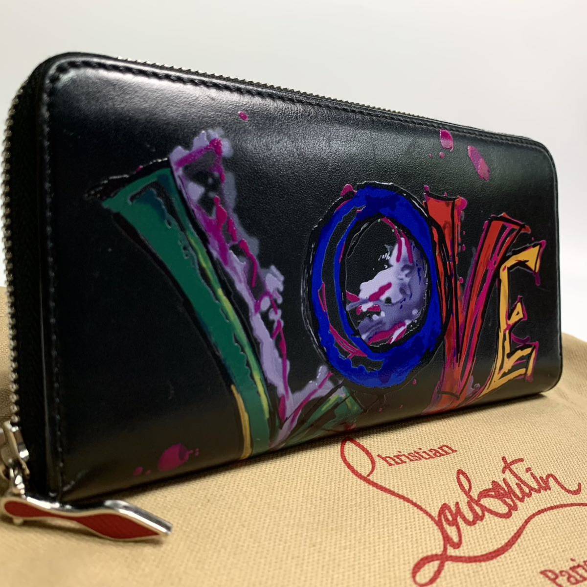 1円 極希少 美品 Christian Louboutin クリスチャンルブタン ラウンドファスナー ジップ 長財布 LOVE プリント ブラック 黒 メンズ 箱付き