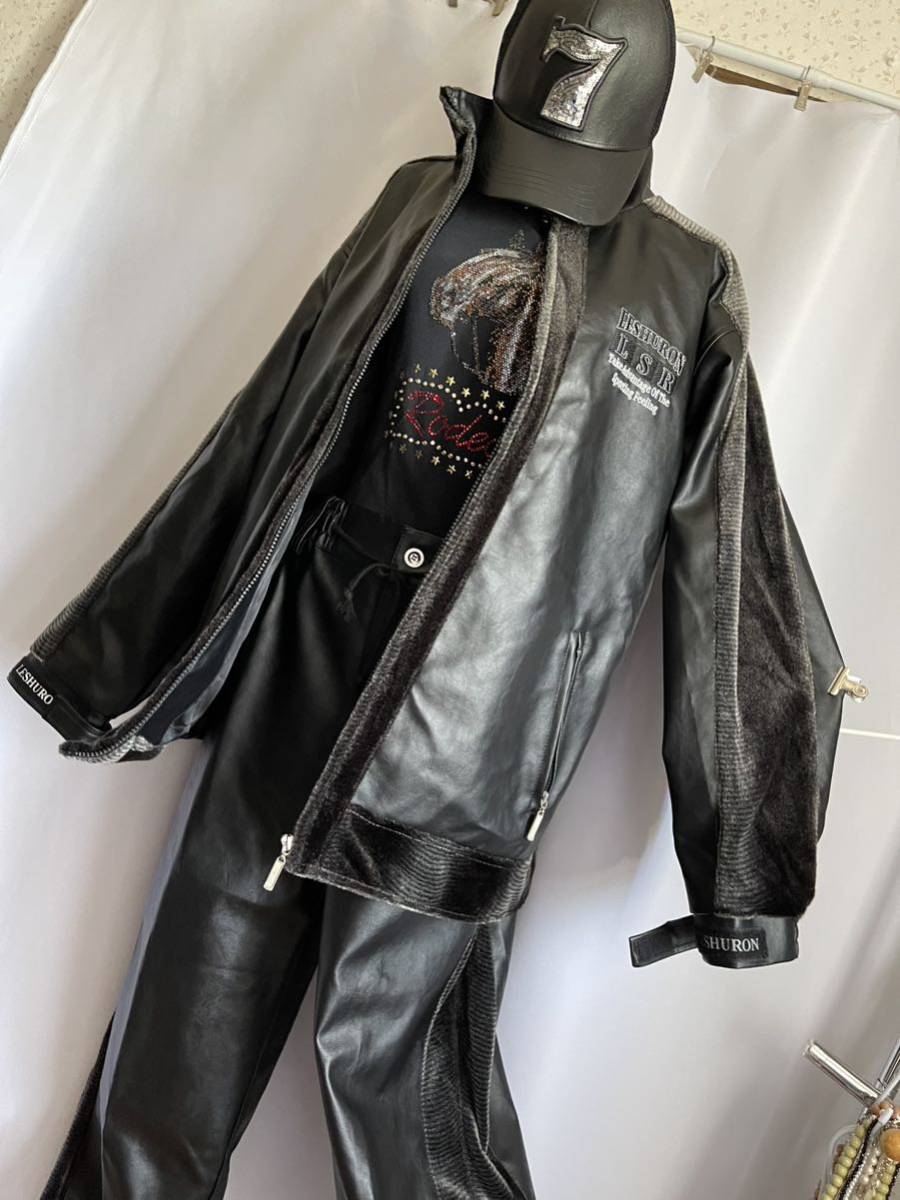 ゆったりL　★◆LESHURON　SPORTS①　★　ゆったり　Lサイズ　★　レザー　上下　ジャージ　黒　★　手の不自由な男性にも　★　脳梗塞