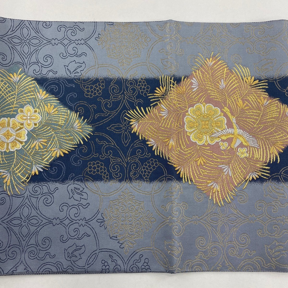 袋帯 美品 名品 華文 鳥 金銀糸 箔 青灰色 六通 正絹 【中古】 【公式