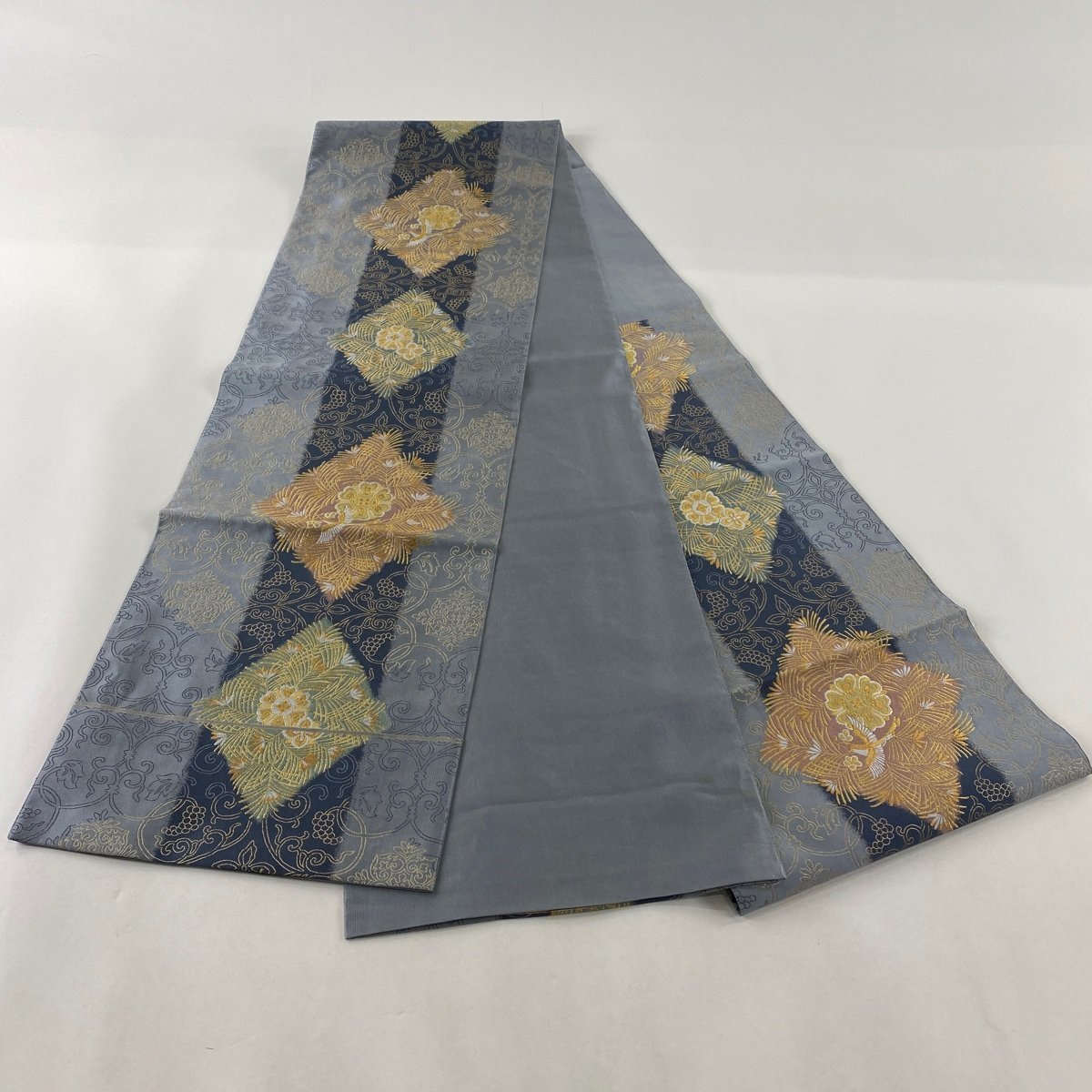 袋帯 美品 名品 華文 鳥 金銀糸 箔 青灰色 六通 正絹 【中古】 【公式