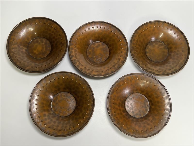 松栄堂造黄銅製槌痕花式茶托五客/共箱】 煎茶道具