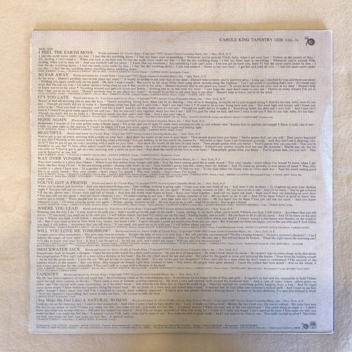 美品71年帯付きLP キャロル・キング「つずれおり」AML-96 ¥2300盤
