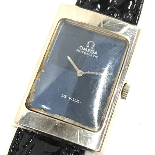 オメガ 腕時計 デビル Deville スクエア カットガラス 青文字盤 SV金具 自動巻き メンズ 純正尾錠 稼働 QS094-200