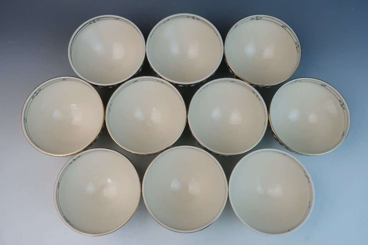 京焼 橋本永豊 染錦 色絵金彩 七宝文唐子図 コマ型 数茶碗 抹茶碗 10客