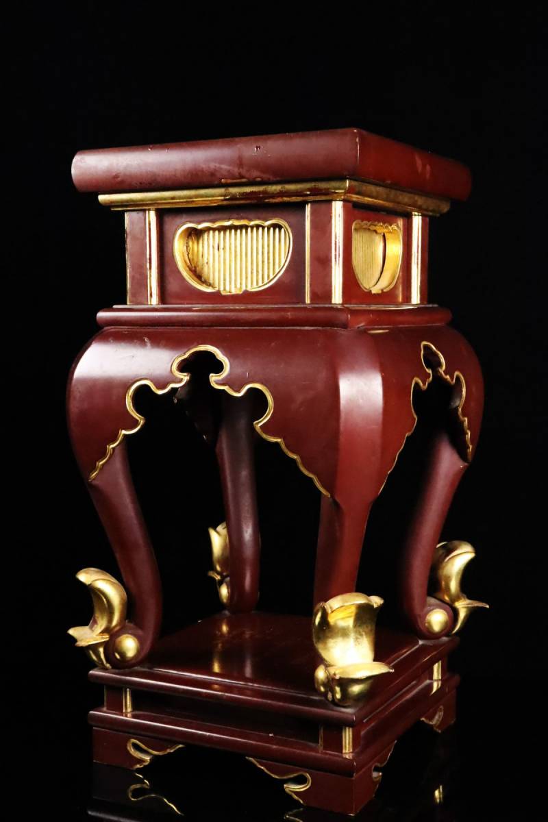 仏教美術 中央香台 木製 朱塗金彩猫足高卓 高さ約61cm