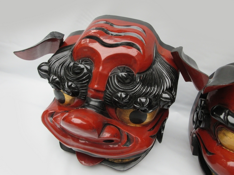 木製 獅子頭 彫刻 獅子頭 1対 □ 雄雌ペア 木彫 大型[大:横約54×h約37cm] □ 木製獅子