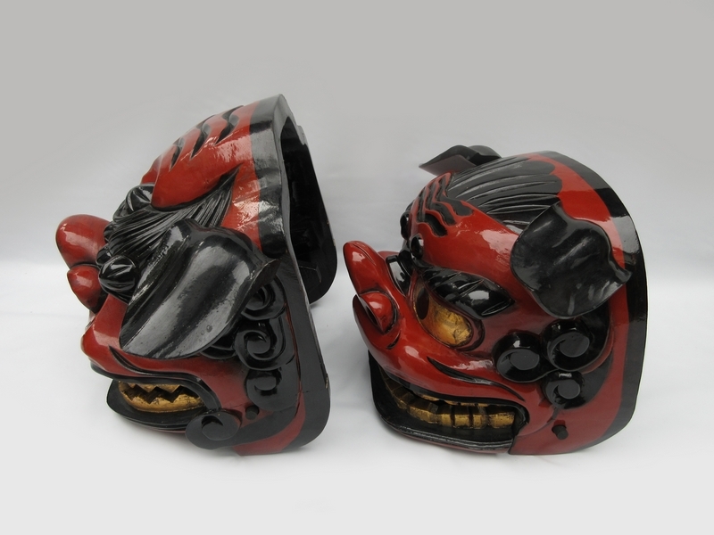 獅子頭 1対 □ 雄雌ペア 木彫 大型[大:横約54×h約37cm] □ 木製獅子