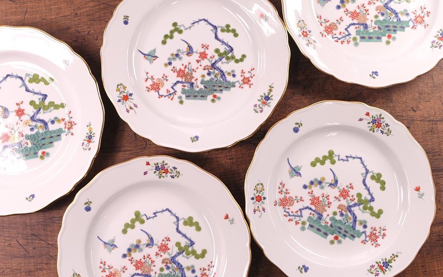 ∇花∇【マイセン/MEISSEN】 柿右衛門様式(シノワズリ様式) 色絵松竹梅文プレート18cm 豪華5客セット 無傷一級品