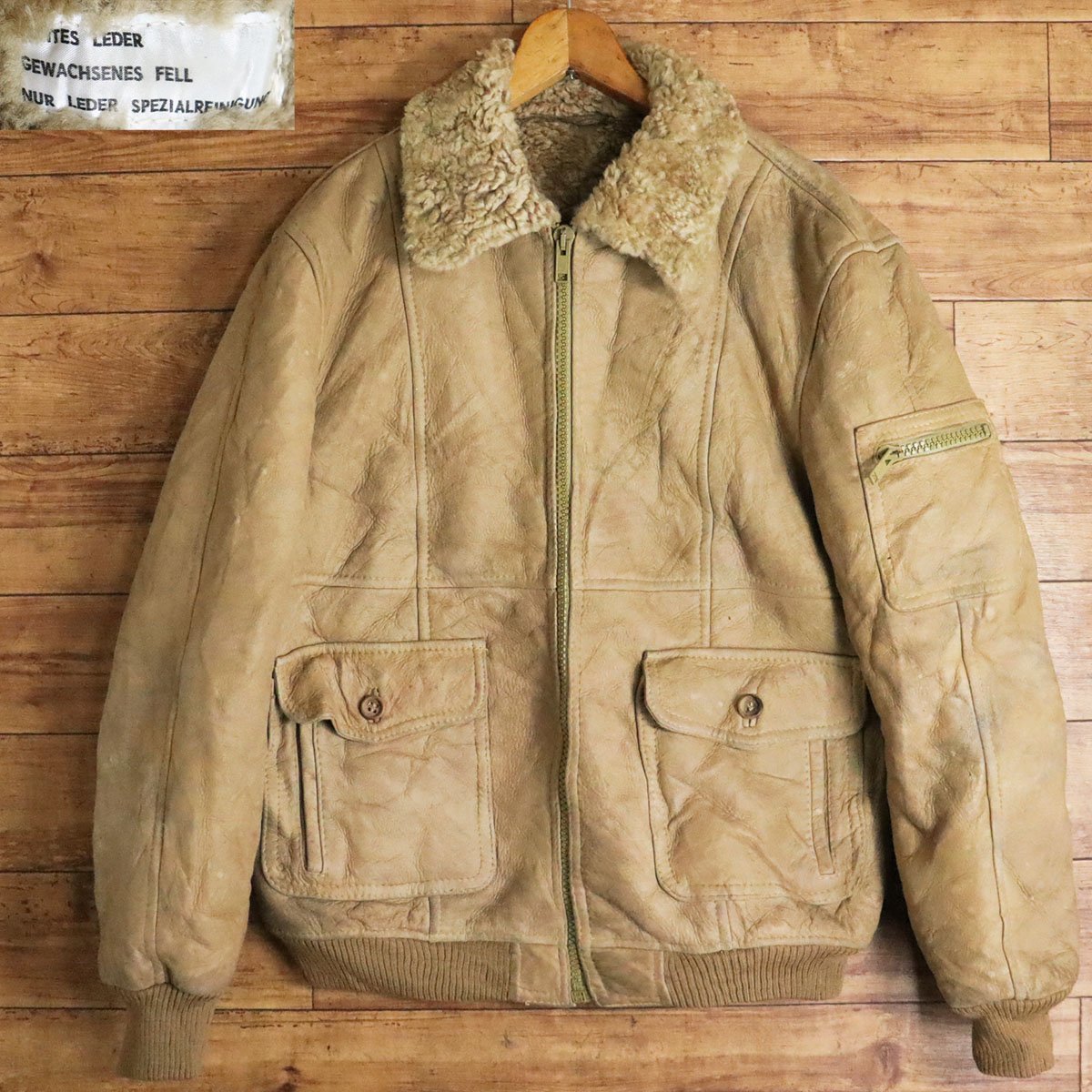 J3S/S8.28-4　ユーロ古着　ムートンジャケット　本革　レザージャケット　裏ボア　フライトジャケット　革ジャン　メンズ　54　キャメル