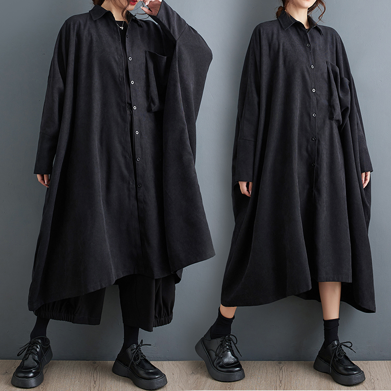 「同梱1万円送料無料」 秋新作*レディース*カジュアル*無地*ゆったり大きいサイズ*体型カバー*長袖*ロングシャツワンピース*F