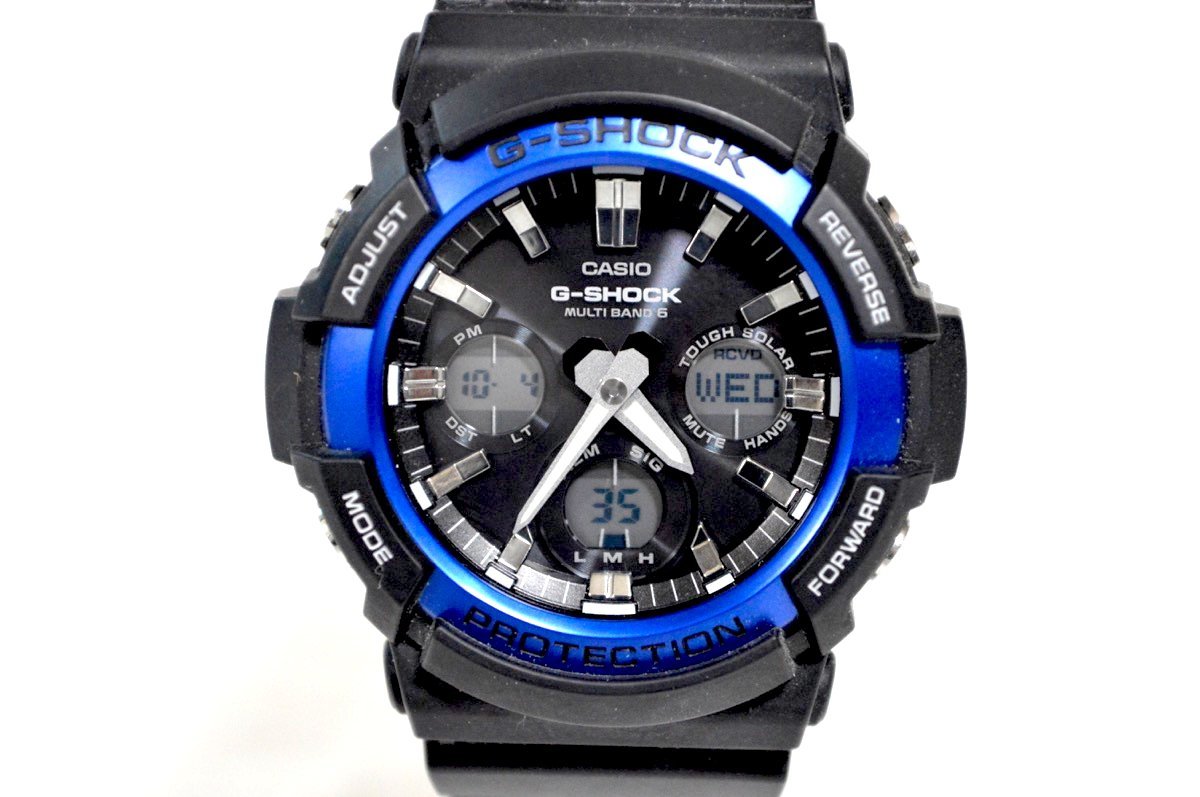 1円●美品●動作OK●カシオ G-SHOCK GAW-100B●ブラック×ブルー 黒青 アナデジ タフソーラー ラバー クロノグラフ