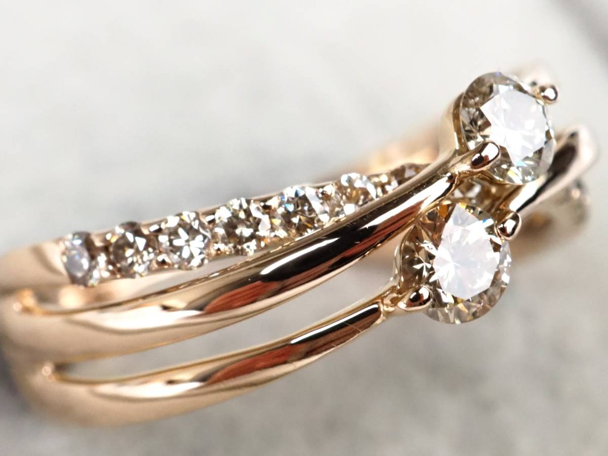 2012A】K18 Pゴールド 天然ダイヤモンド 0.28ct/0.26ct/3.6g リング 