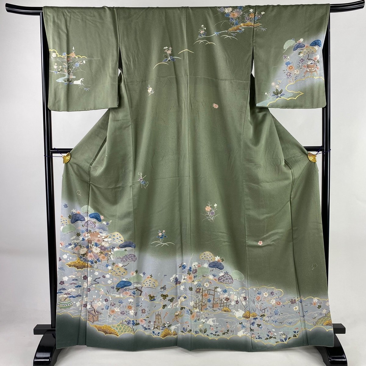 訪問着 身丈166cm 裄丈66cm M 袷 松 菊 金彩 ぼかし 灰緑 正絹 美品 秀品 【中古】