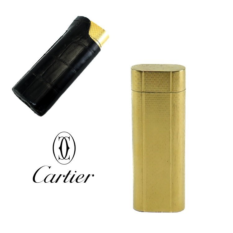 【1円/良品】カルティエ CARTIER ガスライター オーバル 格子 PLORGALVA 1/20 金張り ゴールド ガス無し 石あり 革ケース付き ヴィンテージ