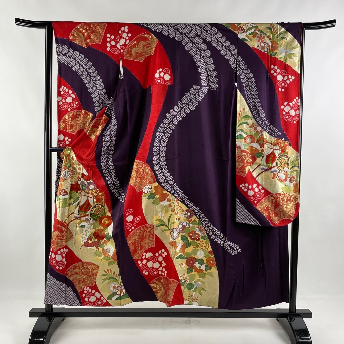 振袖 身丈155cm 裄丈64cm M 袷 御所車 鹿 刺繍 絞り 濃紫 正絹 秀品 【