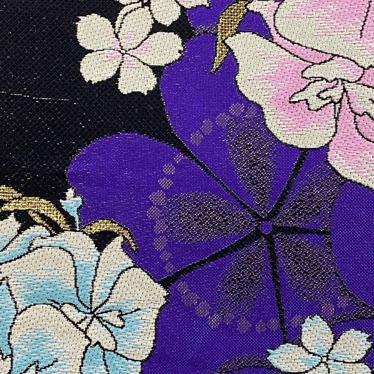 袋帯 美品 秀品 花 桜 金糸 箔 紫 六通 正絹 【中古】 袋帯 秀