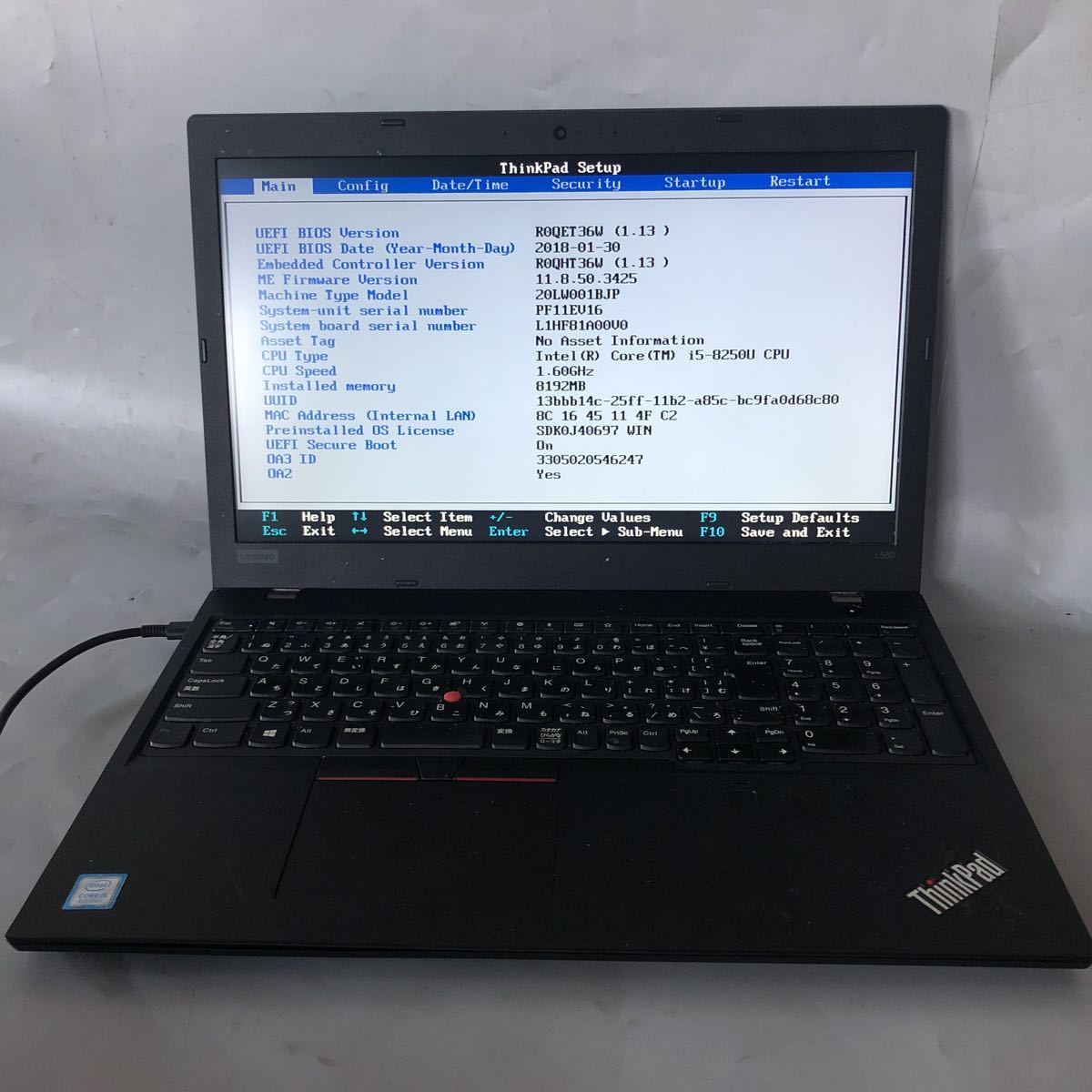 JXJK3923【ジャンク】 lenovo L580 /Core i5-8250U 1.60GHz/メモリ8G/動作未確認/BIOS確認済