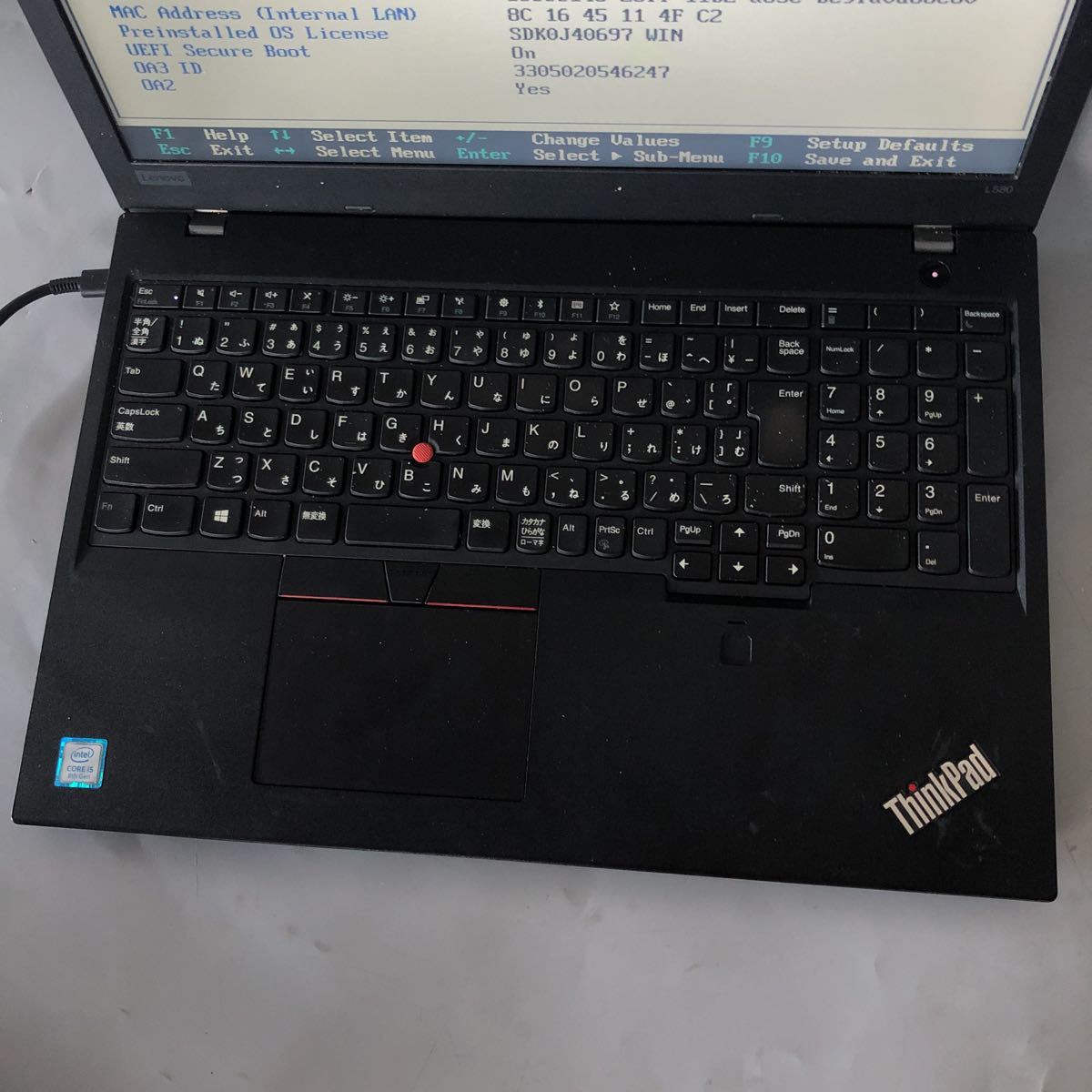 JXJK3923【ジャンク】 lenovo L580 /Core i5-8250U 1.60GHz/メモリ8G/動作未確認/BIOS確認済