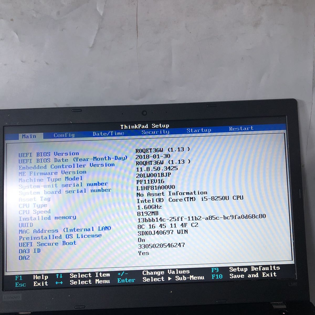 JXJK3923【ジャンク】 lenovo L580 /Core i5-8250U 1.60GHz/メモリ8G/動作未確認/BIOS確認済