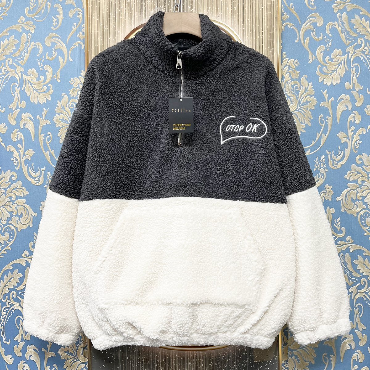 定価8万★christian milada・ミラノ発・パーカー★ミンク/カシミヤ混 ボア 肉厚 防寒 切替 ハーフジップ ストリート 冬 L/48サイズ