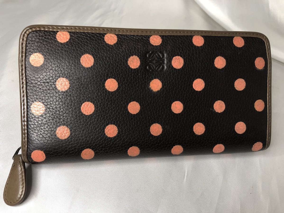超美品 LOEWE ロエベ 長財布 ラウンドファスナー 水玉柄 ダーク 