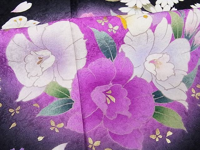 平和屋-こころ店■豪華振袖　花蝶丸文　暈し染め　黒地　金彩　着丈165.5cm　裄丈69cm　正絹　逸品　A-ck5561 暈し染め 金彩 逸品 平和 AAAJ0213Bzg 枝花文