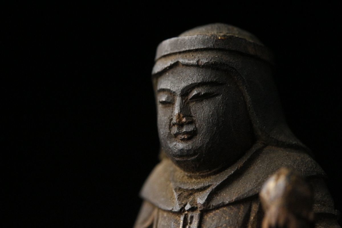 LIG】時代仏教美術 木彫 一本彫 妙見菩薩像 7㎝ 細密彫刻 豆仏 時代