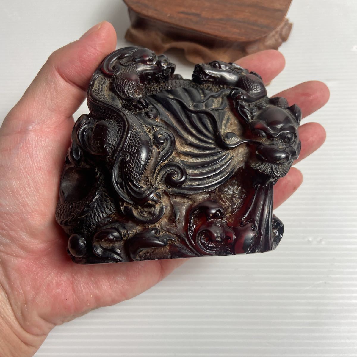 中国美術 古美術 中国 置物 龍 花台 飾台 骨董 琥珀? 中国美術 置物 中国