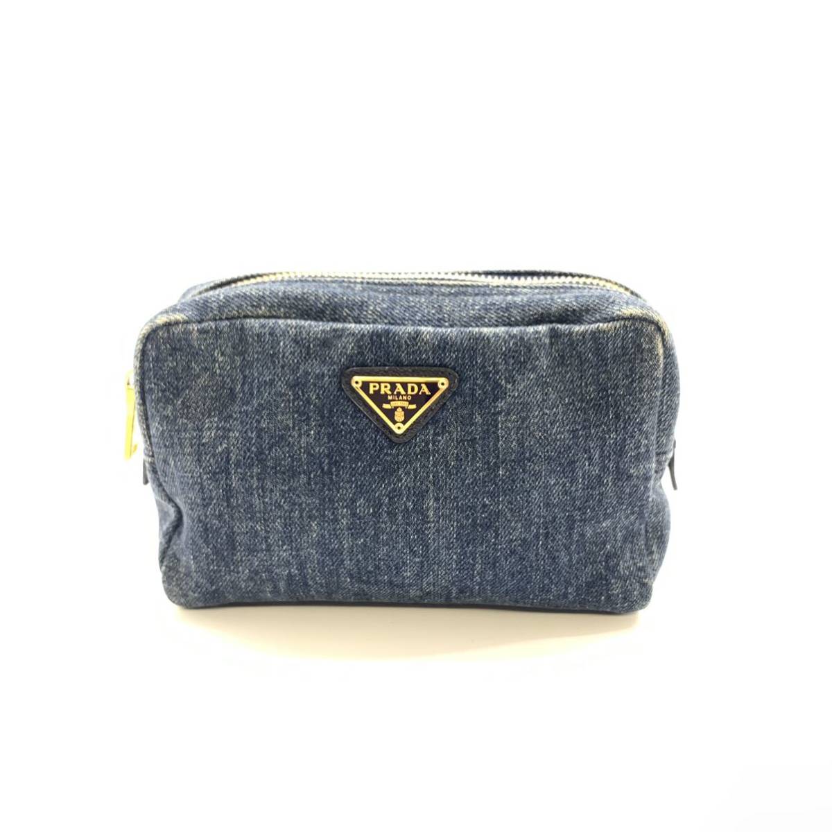 PRADA プラダ 化粧ポーチ 小物入れ プラダポーチ デニム ブルー系 ゴールド金具 破れあり レディース 管理HS34648