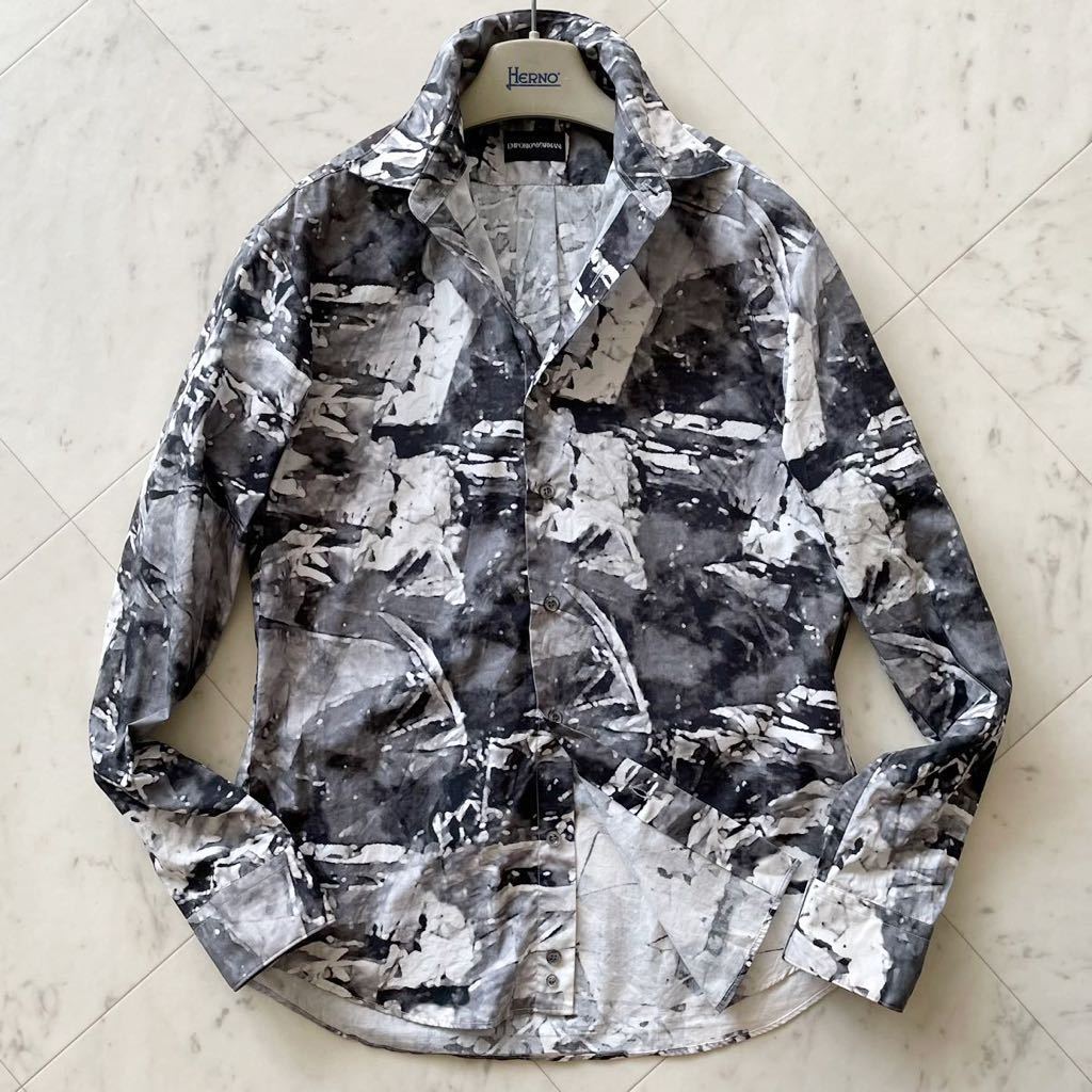 美品/L相当● エンポリオアルマーニ 【大人の色気】 EMPORIO ARMANI 総柄 デザイン 長袖シャツ シルエット◎ コットン 高級感 メンズ